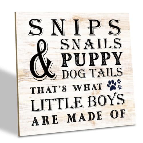 Wood Plaque Table Art Sign 6.2 * 6.2inch, Nursery Quote Art for Boys, Son's Room Decor, Snips and Snails and Puppy Dog Tails That's What Little Boys Are Made Of