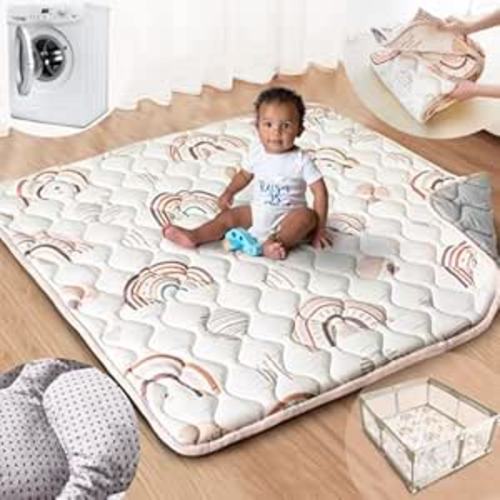 Baby Play Mat, 50x50 Playpen Mat with Super Soft Touch, Activity Mat with Upgraded Anti-Slip Bottom, Machine Washable Crawling Mat for Floor & Picnic(Boho Rainbow)