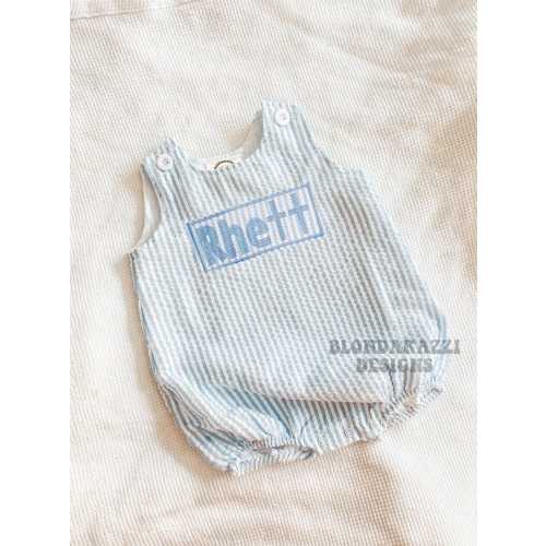 Baby boys seersucker bubble romper with embroidered faux smocked name white and blue more colors available - navy light blue pink gingham