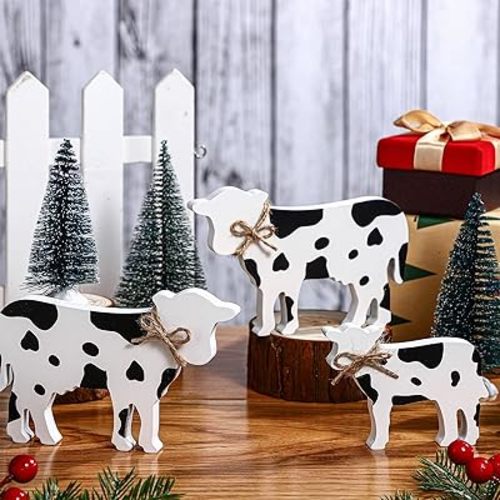 Bucherry 3 Pcs Cow Wooden Table Decor Christmas Tiered Tray Decor Farmhouse Cow Tabletop Rustic Block Centerpiece Standing Sign for Home Kitchen Holiday Party(Classic Style)