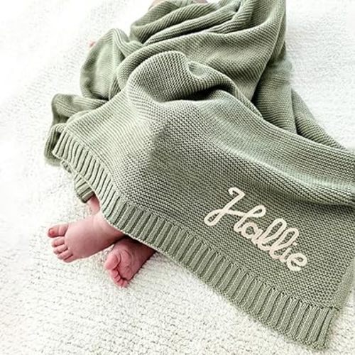 Luxury Personalized Name Baby Blanket, Hand-Embroidered Name Baby Blanket, Soft Breathable Cotton Knit Kids Blankets, Newborn Kid Gift, New Mom Gifts, Newborn Kids Girl & Boy Gift 12
