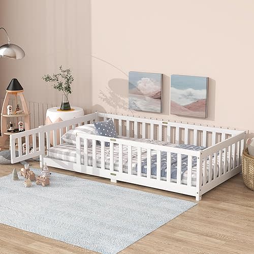 Twin Size Kids Floor Bed Frame with Door and Fence,Montessori Floor Bed with Slats and Safety Guardrails for Girls Boys,Solid Wood, White