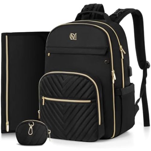 MOMUVO Diaper Bag Backpack, Quilted Baby Bag with Changing Pad & Stroller Straps & Pacifier Case, Large Travel Diaper Bags for Mom Dad, Black