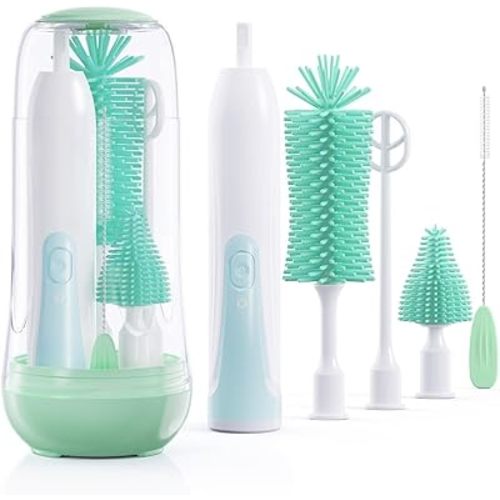 Festiva Electric Bottle Brush Cleaner - Baby Bottle Brush Set with Bottle Brush, Mixing Head, Nipple & Straw Brush, Baby Travel Essential, (Green)