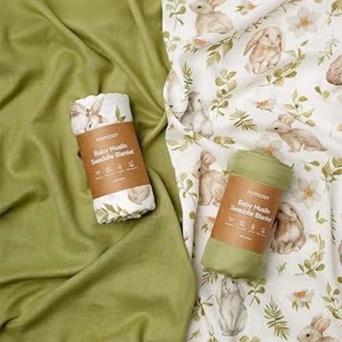 Momcozy Muslin Swaddle Blankets, Softness Upgrade Neutral Swaddle Blanket, Breathable Large 47''x47'' Baby Infant Newborn Boys Girls Swaddling Receiving Blanket Wraps, 2 Pack, Rabbit & Light Green