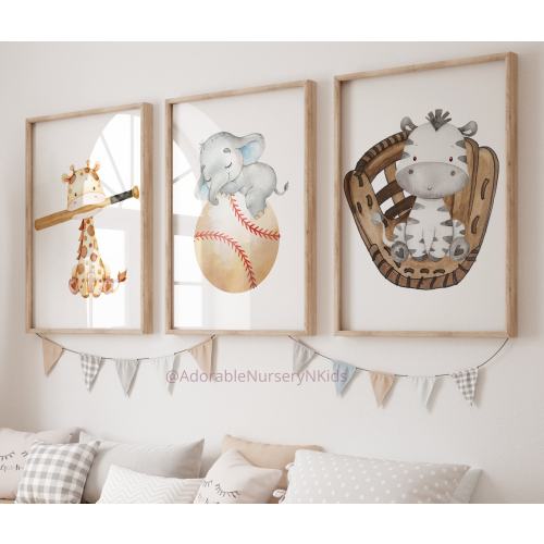Boy Sports Nursery Decor, Baseball Nursery Decor, Nursery Wall Art Animals, Boy Nursery Wall Art, Animal Sports Prints, Baseball Print Set