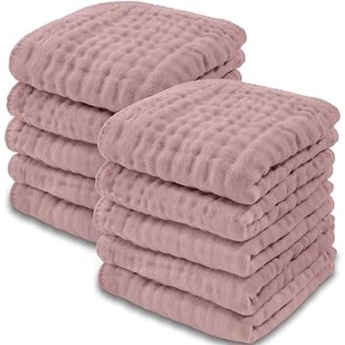 Baby Washcloths, Muslin Cotton Baby Towels, Large 10”x10” Wash Cloths Soft on Sensitive Skin, Absorbent for Boys & Girls, Newborn Baby & Toddlers Essentials Shower Registry Gift (Mauve, Pack of 10)