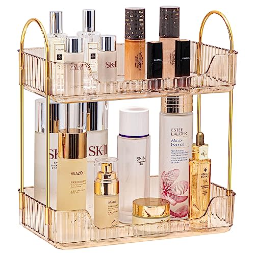 akinbas 2 Tier Bathroom Organizer Countertop Makeup Perfume Tray Skincare Organizer for Bathroom Dresser Vanity (Gold)