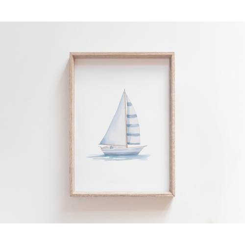 Blue Watercolor Sailboat Print, Coastal Wall Art, Nautical Nursery Decor, Boy Room Decor, Beach Themed Nursery Art, Watercolor Sailing Boat