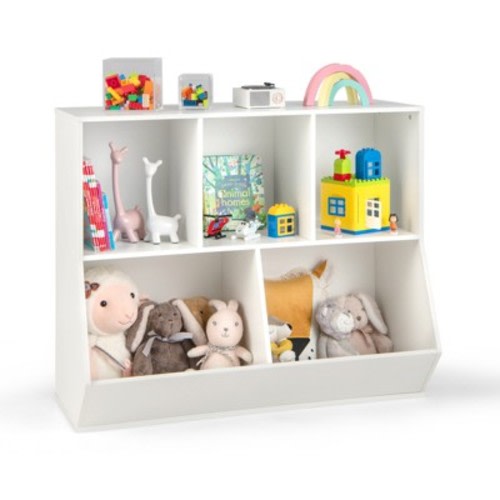 Costway 5-Cubby Kids Toy Storage Organizer Wooden Bookshelf Display Cabinet Natural/White, Color: White