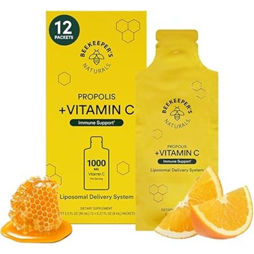 Propolis Liposomal Vitamin C by Beekeeper's Naturals, 1000mg Vitamin C, Propolis & Organic Honey, Supercharged Immune Support & Increased Bioavailibity for Max Absorption, 12 Ct