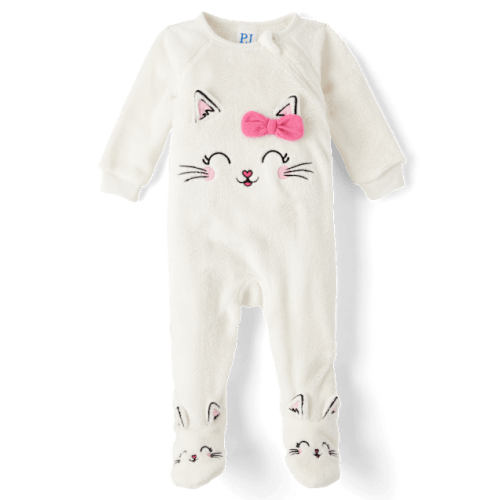Baby And Toddler Girls Cat Fleece Footed One Piece Pajamas - Snow