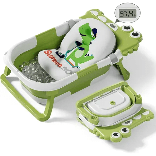 Collapsible Baby Bathtub for Newborn, Foldable Baby Bath Tub with Thermometer & Soft Floating Cushion & Drain Hole, Portable Travel Infant Bath Tubs for Newborns to Toddler 0-36 Months Girl, Green