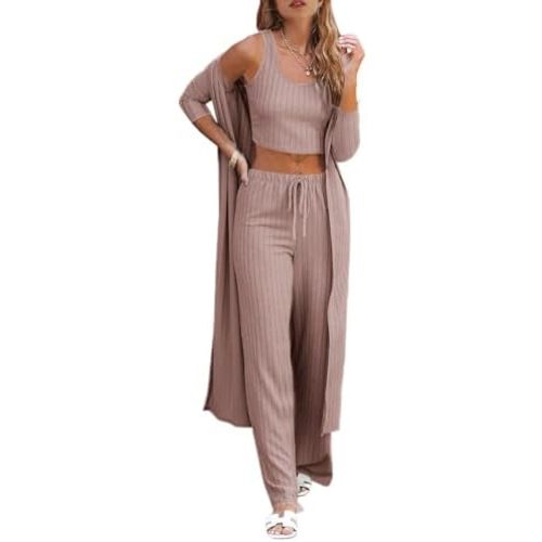 Fessceruna Womens 3 Piece Lounge Sets Pajamas Knit Long Sleeve Cardigan Crop Top Wide Leg Pants Loungewear Set