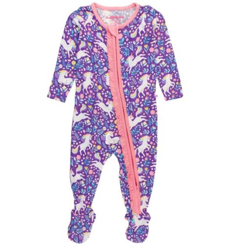 Rufflebutts Softsnooze Baby Girls Ruffle One Piece Footie Pajama - Unicorn Meadow, 3-6m