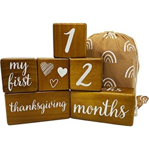 Pondering Pine Baby Milestone Blocks - Natural Brown Stain Pine Wood with Weeks Months Years Grade and Holidays, Newborn Weekly Monthly First Year Picture Props, 6 Block Milestones Age Set with Bag