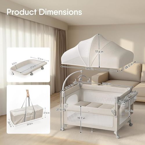 TinyGlow Baby Bassinet, Pack and Play, Bedside Crib Sleeper, Diaper Changer