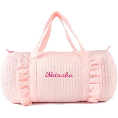 Girls Ruffle Duffle Bag Personalized Seersucker Ballet Dance Bag for Girls Custom Overnight Duffle with Name for Baby Toddler Weekender Travel