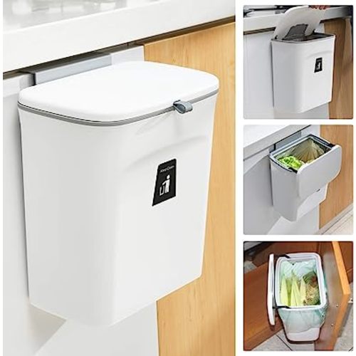 Tiyafuro 2.4 Gallon Kitchen Compost Bin for Counter Top or Under Sink, Hanging Small Trash Can with Lid for Cupboard/Bathroom/Bedroom/Office/Camping, Mountable Indoor Compost Bucket, White