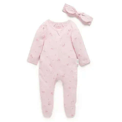 Purebaby 2 Piece Set Growsuit & Headband Essential Blossom Pink | Baby Bunting AU