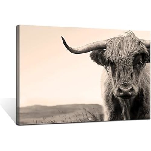 Biuteawal Farm Animal Canvas Wall Art Highland Cow with Long Horns Picture Print on Canvas Rustic Artwork Cattle Painting for Living Room Bedroom Kitchen Wall Decor Framed Ready to Hang