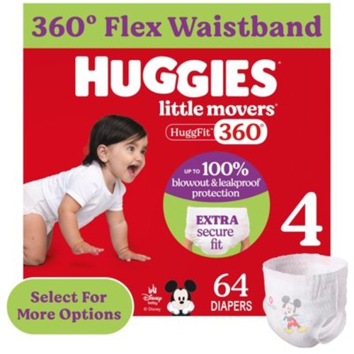 Huggies Little Movers HuggFit 360° Baby Diapers with 360° Waistband, Size 4 (22-37 lbs), 64 Ct (Select for More)