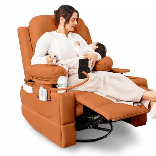 MAMAZING Rocking Chair Nursery with Adjustable Armrests, Electric Glider Recliner Nursing Chair for Breastfeeding, Power Swivel Recliner Chairs with USB Port and Storage, FSC Certified (Mocha)