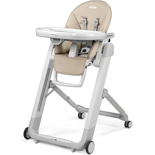 Peg Perego Siesta, Grow with Baby Folding High Chair & Recliner, Height Adjustable, Quick Clean & Easy Push Wheels for Babies & Toddlers, Made in Italy, Astral (Beige)