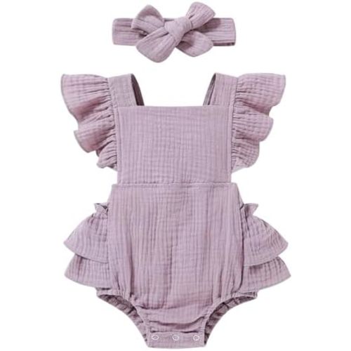YOUNGER TREE Toddler Baby Girl Ruffled Sleeveless Romper Casual Summer Jumpsuit Cotton Linen Clothes