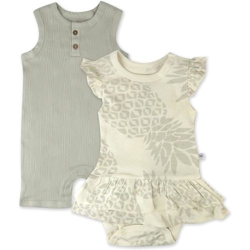 HonestBaby Multipack Short Romper Sets and Dresses 100% Organic Cotton for Infant Baby and Toddler Boys, Girls, Unisex - 6-9 Months - Pineapple Leaf Khaki (Henley) - 2