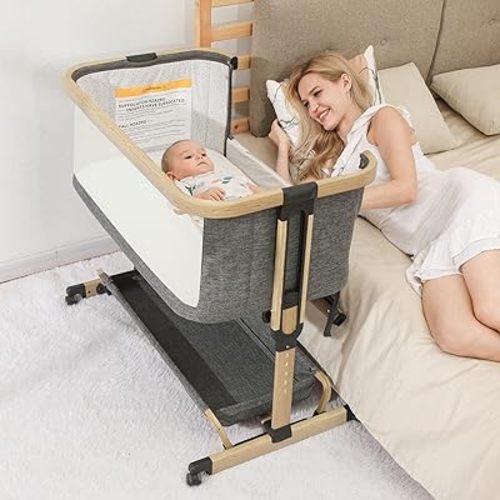 AMKE 3 in 1 Baby Bassinets,All-mesh Bedside Sleeper,Baby Cradle with Storage Basket,Easy Assemble Bassinet for Infant/Newborn,Adjustable Bedside Crib,Safe Portable Baby Bed,Travel Bag Included