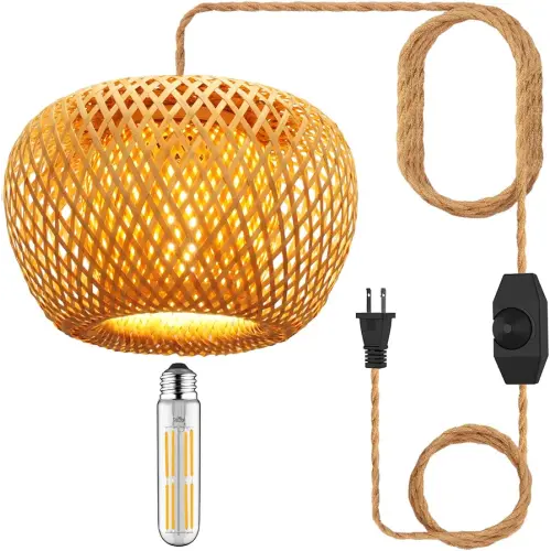 Plug in Pendant Light Fixture with Hand Woven Bamboo Lamp Shade Dimmer Switch Hanging Lights with Plug in Cord Boho Wicker Rattan Hanging Lamp for Living Dinning Room Bedroom Kitchen Island