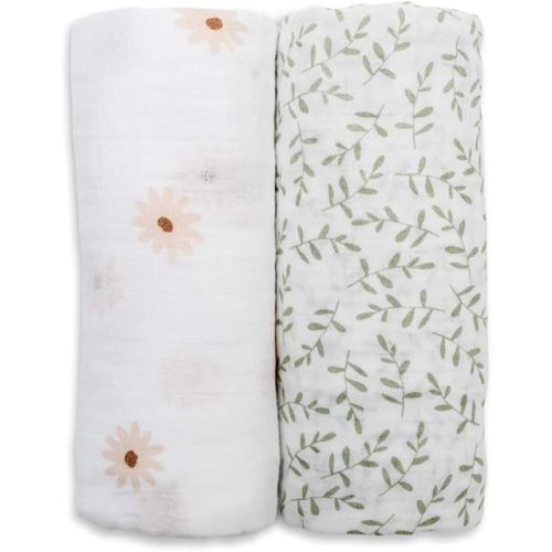 lulujo Boho Swaddle Set, Cotton Muslin Blankets, 2 Pack (Daisies & Greenery)