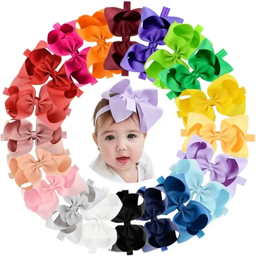 jollybows 20pcs Baby Girls Grosgrain Ribbon Hair Bows Headbands 6" Elastic Hair Band Hair Accessories for Infants Newborn (Multicoloured 6“ Bows Elastic Headband)