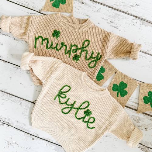 Personalized Hand Embroidered St. Patrick&#39;s Day Baby and Toddler Sweaters