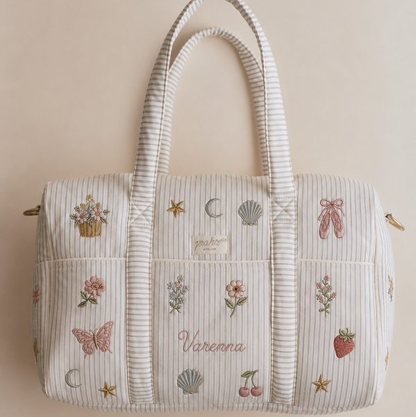 Custom Embroidered Quilted Blue & White Stripe Fabric Duffle Bag, Garment Bag, and Toiletries Pouch