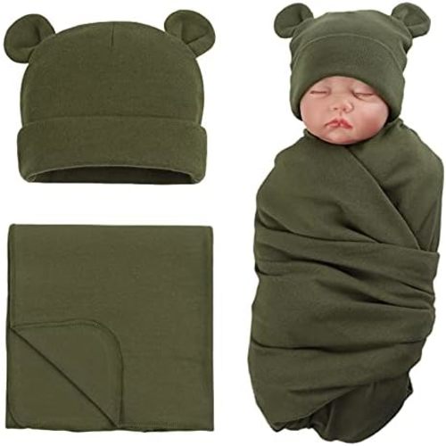 PESAAT Cotton Baby Swaddle Hat Set Newborn Infant Hats Receiving Blankets for Baby Boys Girls