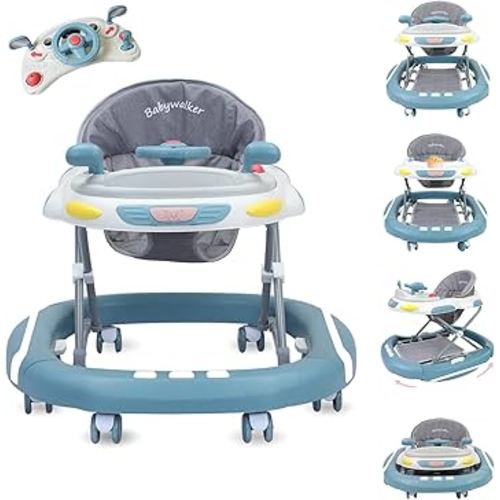 Baby Walker, 4 in 1 Foldable Baby Walker with Wheels, Activity Walker with 4 Adjustable Height, Baby Walker for Boys Girls, Music, Removable Play Tray (Blue)