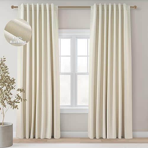 Full Blackout Cream Linen Curtains for Bedroom, Light Blocking Ivory Pleated Thermal Cute Curtains, Decorative Elegant Lined Nursery Drapes 2 Panels Set for Sliding Door Winter