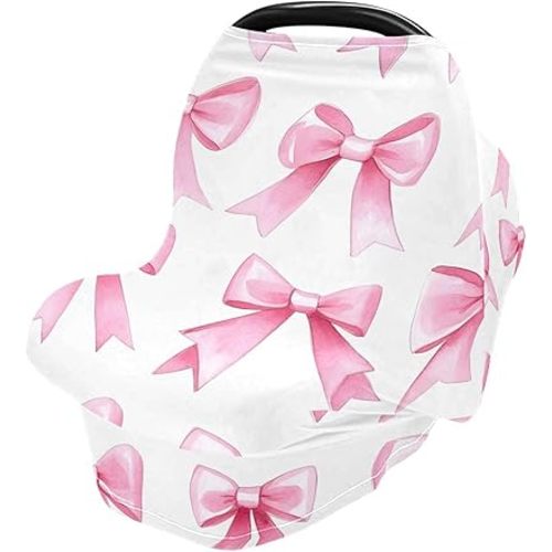 Pink Bows Stretchy Baby Car Seat Cover Soft Breathable Nursing Cover Breastfeeding Cover Multiuse Infant Carseat Stroller Cover for Girls and Boys