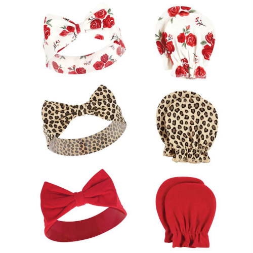 Hudson Baby Infant Girl Cotton Headband and Scratch Mitten Set, Rose Leopard, 0-6 Months