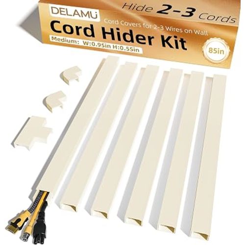 Delamu Beige Cord Hider, 85in Cord Covers for 2-3 Wires on Wall, Self-Adhesive Cable Hider, Wire Hiders Wire Covers for TV Cords on Wall, Easy Mount Cable Cover Raceway Kit, W0.95 H0.55in, Beige