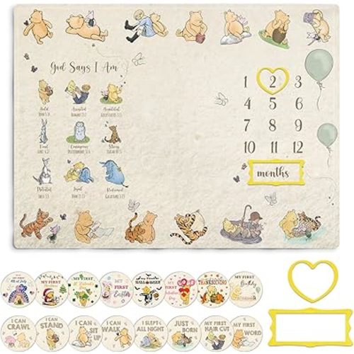 Winnie Baby Milestone Blanket, God Says I am Bold Babies Milestone Blanket, Winnie Newborn Month Blankets for Baby, with Double-Sided Printed Cardstock(16 Unforgettable Moments of Babies)