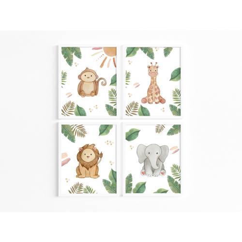 Jungle Animal Print Set | Set of Four Cute Jungle Animal Prints | Jungle Bedroom Decor | Watercolour Jungle Illustrations