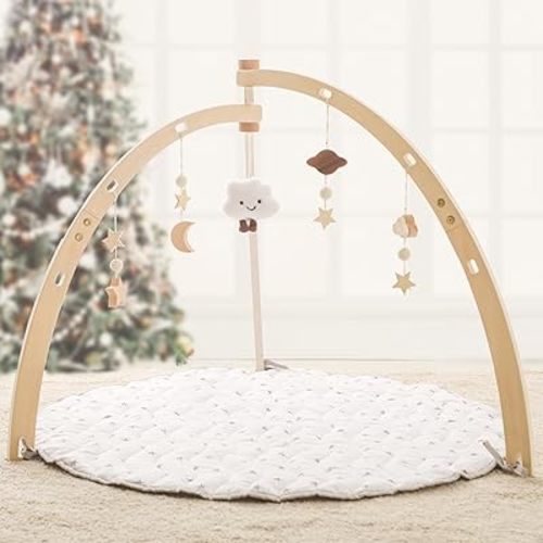 Wooden Baby Play Gym with Play Mat,Foldable Activity Center for Baby with 5 Hanging Sensory Toys,Infant Baby Play Gym with White Playmat for Newborn Baby Girls Baby Boys