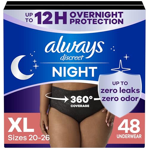 Always Discreet Overnight Adult Incontinence & Postpartum Bladder Leak Underwear for Women, Disposable, XL, 48 Count (3 Packs of 16)
