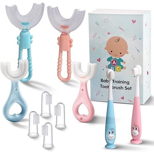 Baby Toddler Infant Toothbrush 6 to 12 Months and Up Age 1 2 3 1-2 2-4 Year Old, 10 in 1 Toothbrushes Gift Set with Soft Finger U-shaped Brush Brushing Bristles for Newborns Kids Children Child