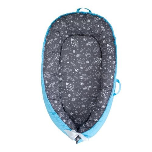Beeezy Buddies Baby Lounger (Blue/Grey, Outer Space) - for Newborns to Toddlers Between 0-24 Months + Portable + Water-Resistant + 100% Cotton