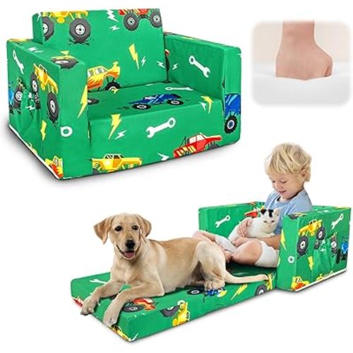 Kids Couch, 2-in-1 Kids Fold Out Sofa, Convertible Toddler Couch to Lounger for Girls and Boys, Soft Toddler Chairs Comfy 1-3 Years Old (Green Monster Truck)
