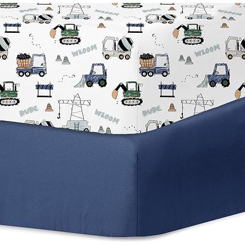 Little Grape Land Crib Sheets for Boys and Girls, 2pk Baby Crib Fitted Sheet for Standard Size Crib and Toddler Mattress, Super Soft Baby Sheet (Navy Trucks)